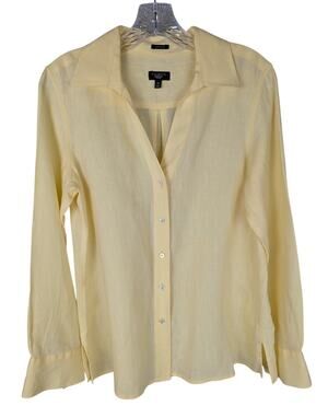 Talbots Pure Irish Linen Blouse Yellow 12Petite Open Collar Long Sleeve Coastal